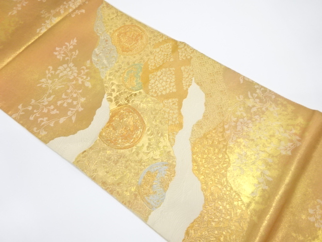 服部織物製　こはく錦道長取りに鳳凰・花唐草模様織出し袋帯